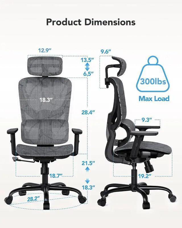 Alt view image 3 of 7 - Ergonomic Mesh Office Chair with 5-Level Lumbar Support, Computer Gaming Chair with Adjustable Headrest & Armrests, Rocking Tilt, Comfortable High Back Desk Chair for Home Office