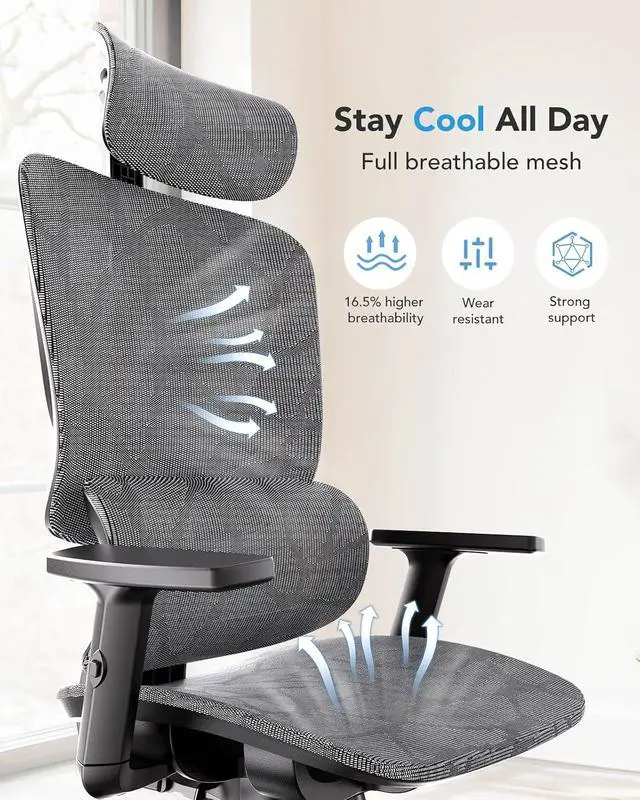 Alt view image 6 of 7 - Ergonomic Mesh Office Chair with 5-Level Lumbar Support, Computer Gaming Chair with Adjustable Headrest & Armrests, Rocking Tilt, Comfortable High Back Desk Chair for Home Office