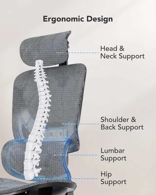 Alt view image 5 of 7 - Ergonomic Mesh Office Chair with 5-Level Lumbar Support, Computer Gaming Chair with Adjustable Headrest & Armrests, Rocking Tilt, Comfortable High Back Desk Chair for Home Office