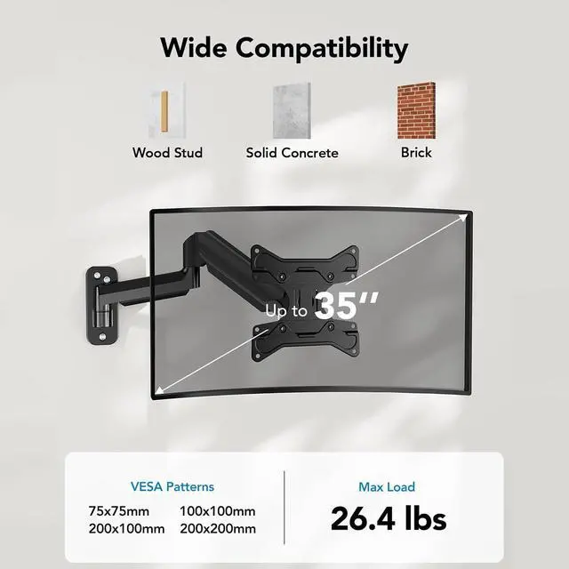 Alt view image 3 of 7 - Computer Monitor Wall Mount for 22"-35" Screens, Gaming Wall Mount Monitor Arm Holds up to 26.4lbs, Vesa Mount with Tilt, Swivel, Rotation, Supports 75x75mm, 100x100mm, 200x200mm, Black