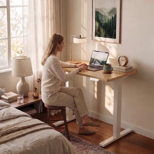 Alt view image 2 of 7 - 55 x 28 inch Electric Standing Desk Adjustable Height, 4 Memory Height Settings, Sit Stand Up Desk for Home Office & Computer Workstation, Light Walnut