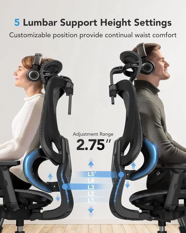 Alt view image 4 of 7 - Ergonomic Mesh Office Chair with 5-Level Lumbar Support, Computer Gaming Chair with Adjustable Headrest & Armrests, Rocking Tilt, Comfortable High Back Desk Chair for Home Office,6 Pack