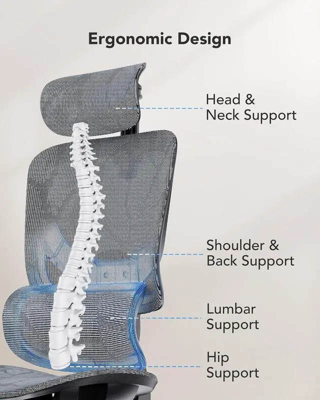 Alt view image 5 of 7 - Ergonomic Mesh Office Chair with 5-Level Lumbar Support, Computer Gaming Chair with Adjustable Headrest & Armrests, Rocking Tilt, Comfortable High Back Desk Chair for Home Office,6 Pack