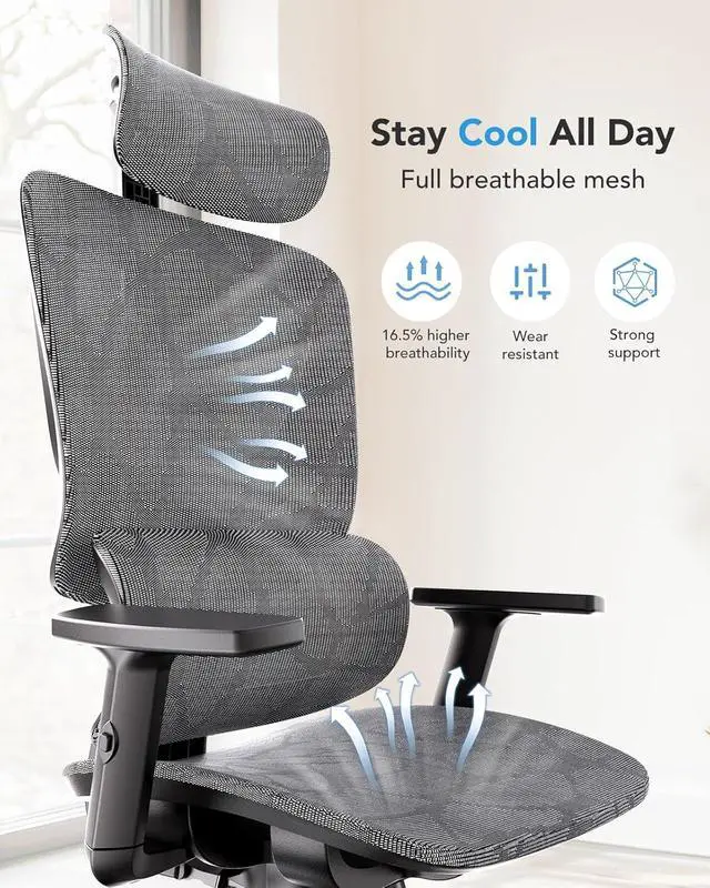 Alt view image 6 of 7 - Ergonomic Mesh Office Chair with 5-Level Lumbar Support, Computer Gaming Chair with Adjustable Headrest & Armrests, Rocking Tilt, Comfortable High Back Desk Chair for Home Office,6 Pack