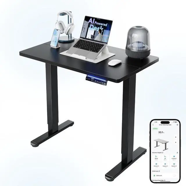 Main image of 32" AI Smart Standing Desk with App-Synced Sedentary Reminders, Electric Height Adjustable Desk with Body-Data Ergonomic Presets, Voice Control Alexa/Google/Siri, 3 Memory Settings Table, Black