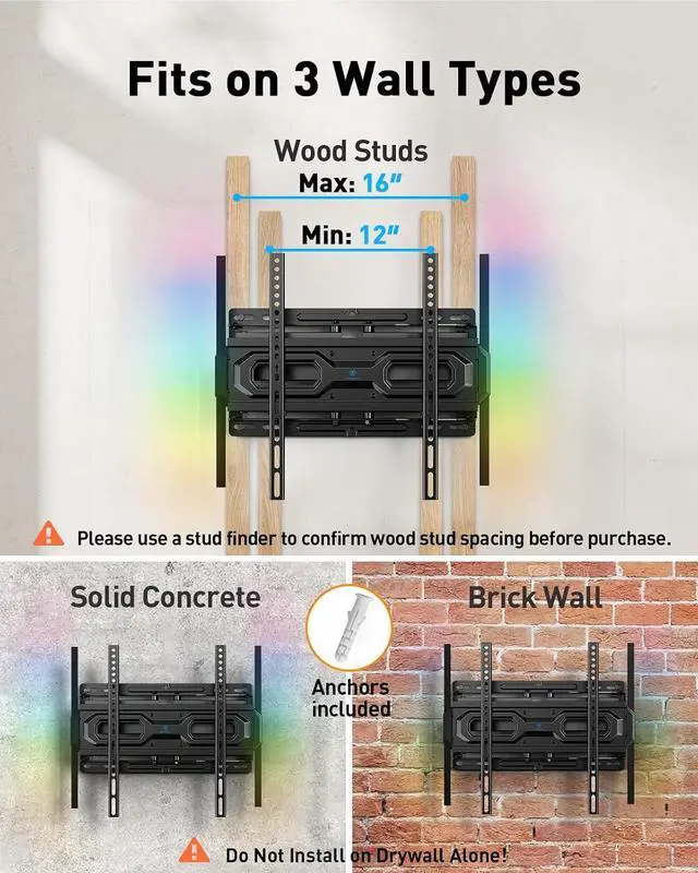 Alt view image 3 of 7 - Full Motion TV Wall Mount with LED Lights for 28-65 Inch TVs, Pre-Assembled TV Mount Up to 88 lbs, Max VESA 400x400mm, Swivel, Extension, Tilt, Music Sync Backlights, Fits 12/16" Wood Studs