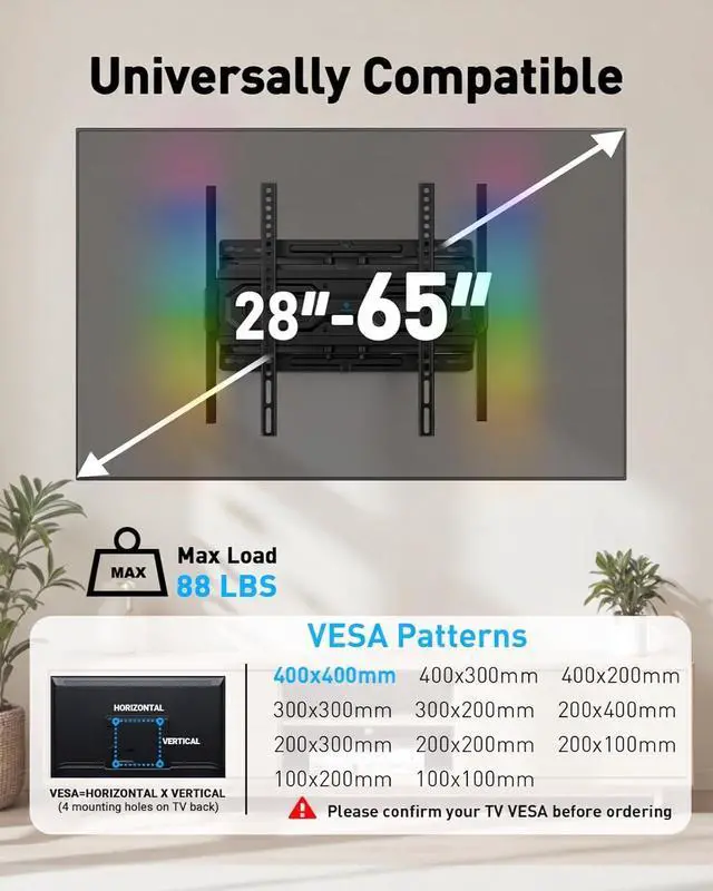 Alt view image 5 of 7 - Full Motion TV Wall Mount with LED Lights for 28-65 Inch TVs, Pre-Assembled TV Mount Up to 88 lbs, Max VESA 400x400mm, Swivel, Extension, Tilt, Music Sync Backlights, Fits 12/16" Wood Studs