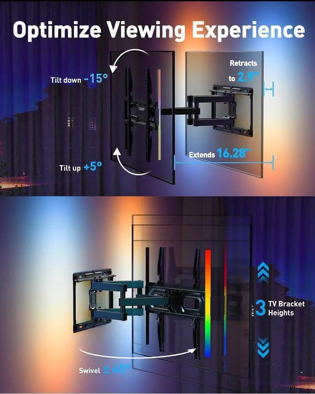 Alt view image 7 of 7 - Full Motion TV Wall Mount with LED Lights for 28-65 Inch TVs, Pre-Assembled TV Mount Up to 88 lbs, Max VESA 400x400mm, Swivel, Extension, Tilt, Music Sync Backlights, Fits 12/16" Wood Studs