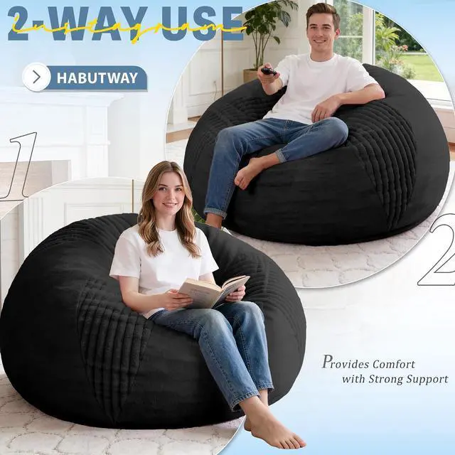 Alt view image 4 of 7 - 6FT Bean Bag Chairs Teardrop Bean Bag Chairs for Adults Beanbag Chair with Memory Foam Filled Soft Stripe Leaf alongside Plush Faux Fur Washable Cover for Dorm, Bedroom(Stripe BK)