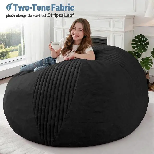 Alt view image 5 of 7 - 6FT Bean Bag Chairs Teardrop Bean Bag Chairs for Adults Beanbag Chair with Memory Foam Filled Soft Stripe Leaf alongside Plush Faux Fur Washable Cover for Dorm, Bedroom(Stripe BK)