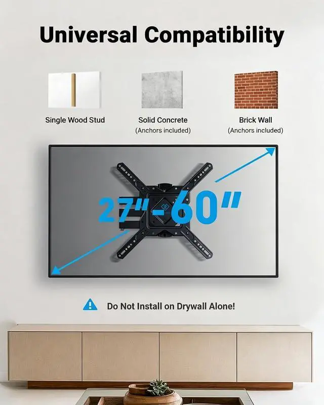 Alt view image 2 of 7 - Full Motion TV Wall Mount for 27-60 Inch Flat & Curved TVs, Single Stud TV Mount with Articulating Swivel Tilt - Wall Mount TV Bracket VESA 400x400mm up to 77 lbs, Perfect Center Design