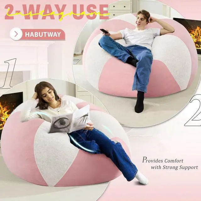 Alt view image 4 of 7 - 4FT Bean Bag Chair Teardrop Bean Bag Chairs for Adults beanbag with Memory Foam Filled with Dual-Tone Unique Combination Corduroy & Luxury Distressed Velvet Washable Cover,Velvet Pink & White