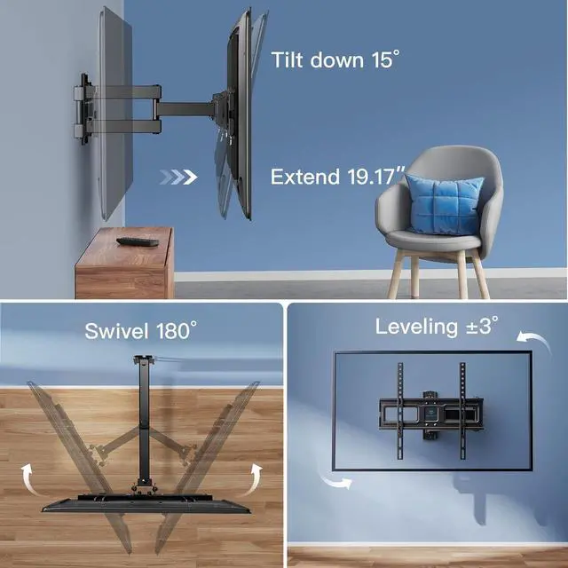 Alt view image 4 of 7 - Corner TV Wall Mount for 26-65 inch TVs up to 70 lbs, Full Motion TV Wall Mount Bracket with Swivel, Tilt, Level, Wall Mount with Single Articulating Arm, Max VESA 400x400mm, PSMFK7