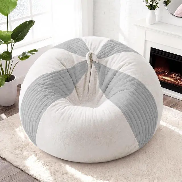 Alt view image 3 of 7 - 4FT Bean Bag Chairs Teardrop Bean Bag Chairs for Adults Beanbag Chair with Memory Foam Filled Soft Stripe Leaf alongside Plush Faux Fur Washable Cover for Dorm, Bedroom(Stripe LGY/WH)