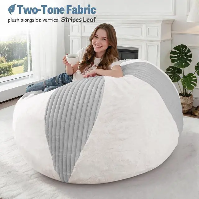 Alt view image 5 of 7 - 4FT Bean Bag Chairs Teardrop Bean Bag Chairs for Adults Beanbag Chair with Memory Foam Filled Soft Stripe Leaf alongside Plush Faux Fur Washable Cover for Dorm, Bedroom(Stripe LGY/WH)