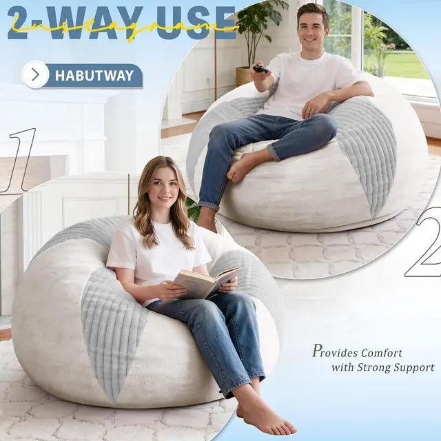 Alt view image 4 of 7 - 4FT Bean Bag Chairs Teardrop Bean Bag Chairs for Adults Beanbag Chair with Memory Foam Filled Soft Stripe Leaf alongside Plush Faux Fur Washable Cover for Dorm, Bedroom(Stripe LGY/WH)
