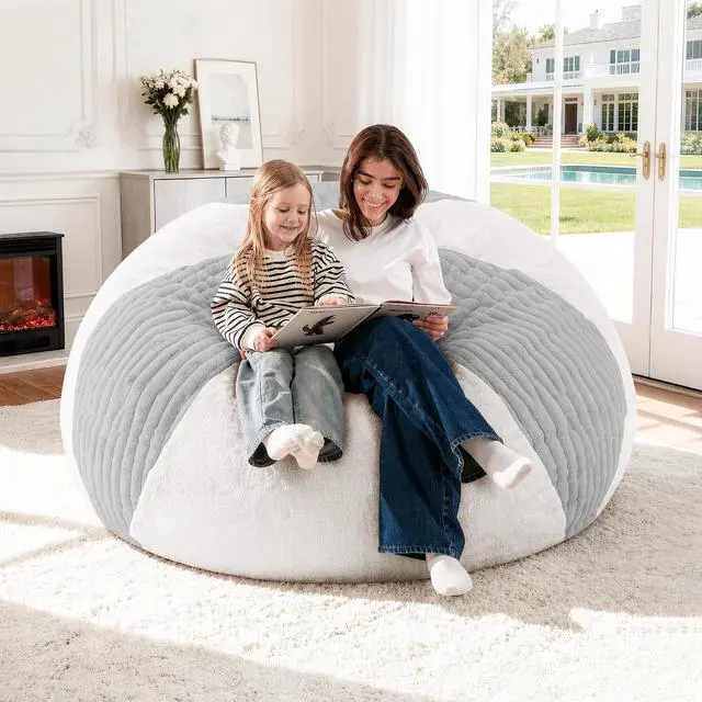 Alt view image 7 of 7 - 4FT Bean Bag Chairs Teardrop Bean Bag Chairs for Adults Beanbag Chair with Memory Foam Filled Soft Stripe Leaf alongside Plush Faux Fur Washable Cover for Dorm, Bedroom(Stripe LGY/WH)
