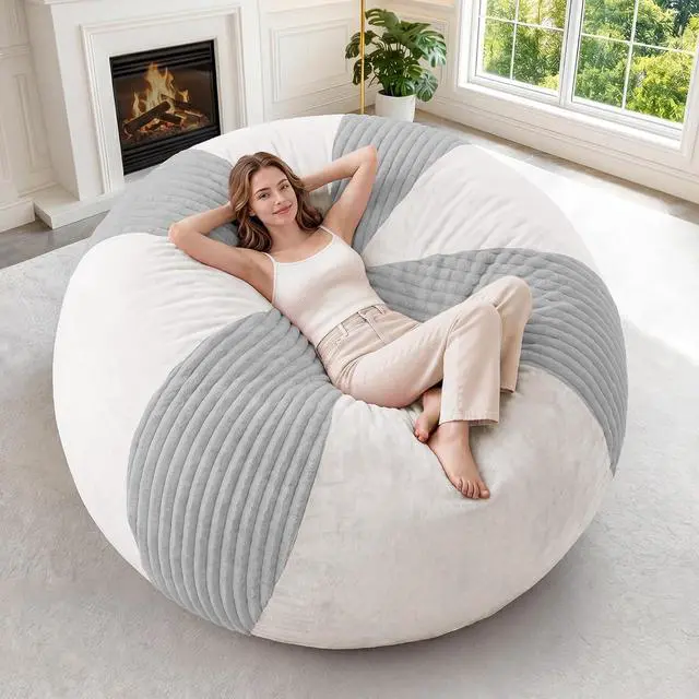 Main image of 6FT Bean Bag Chairs Teardrop Bean Bag Chairs for Adults Beanbag Chair with Memory Foam Filled Soft Stripe Leaf alongside Plush Faux Fur Washable Cover for Dorm, Bedroom(Stripe LGY/WH)