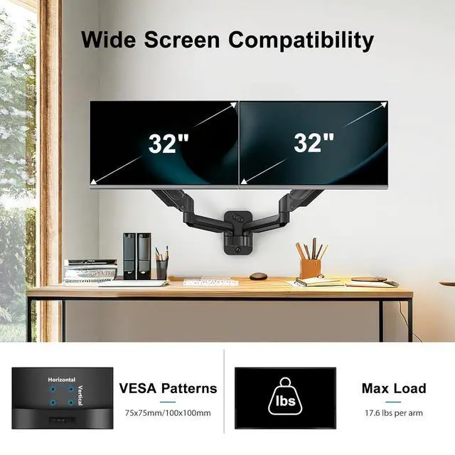 Alt view image 2 of 7 - Gaming Dual Monitor Wall Mount for 17-32 Inch Computer Screen Mount (4.4-17.6lbs Per Arm) - VESA 75x75/100x100 Height Adjustable Stand for Dual Monitors - Home Office Desk Setup