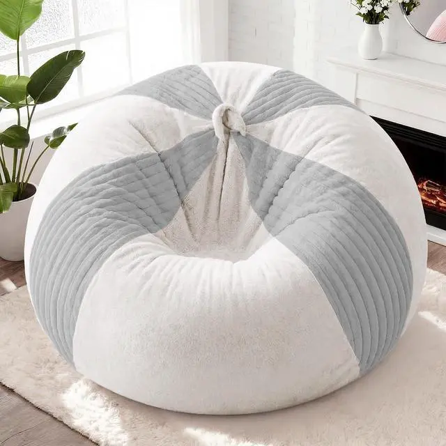 Alt view image 3 of 7 - 6FT Bean Bag Chairs Teardrop Bean Bag Chairs for Adults Beanbag Chair with Memory Foam Filled Soft Stripe Leaf alongside Plush Faux Fur Washable Cover for Dorm, Bedroom(Stripe LGY/WH)