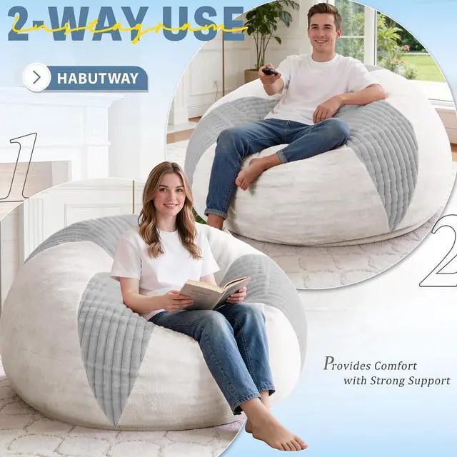Alt view image 4 of 7 - 6FT Bean Bag Chairs Teardrop Bean Bag Chairs for Adults Beanbag Chair with Memory Foam Filled Soft Stripe Leaf alongside Plush Faux Fur Washable Cover for Dorm, Bedroom(Stripe LGY/WH)