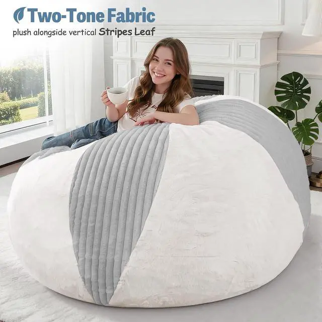 Alt view image 5 of 7 - 6FT Bean Bag Chairs Teardrop Bean Bag Chairs for Adults Beanbag Chair with Memory Foam Filled Soft Stripe Leaf alongside Plush Faux Fur Washable Cover for Dorm, Bedroom(Stripe LGY/WH)