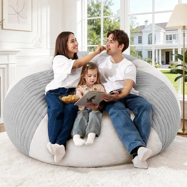 Alt view image 7 of 7 - 6FT Bean Bag Chairs Teardrop Bean Bag Chairs for Adults Beanbag Chair with Memory Foam Filled Soft Stripe Leaf alongside Plush Faux Fur Washable Cover for Dorm, Bedroom(Stripe LGY/WH)