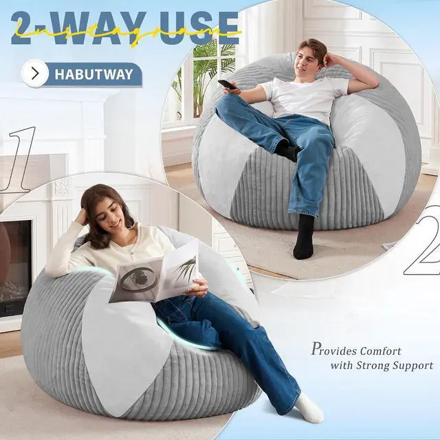 Alt view image 4 of 7 - 4FT Bean Bag Chairs Teardrop Bean Bag Chairs for Adults Beanbag Chair with Memory Foam Filled Soft Plush Leaf alongside Stripe Faux Fur Washable Cover for Dorm, Bedroom(Plush LGY/WH)