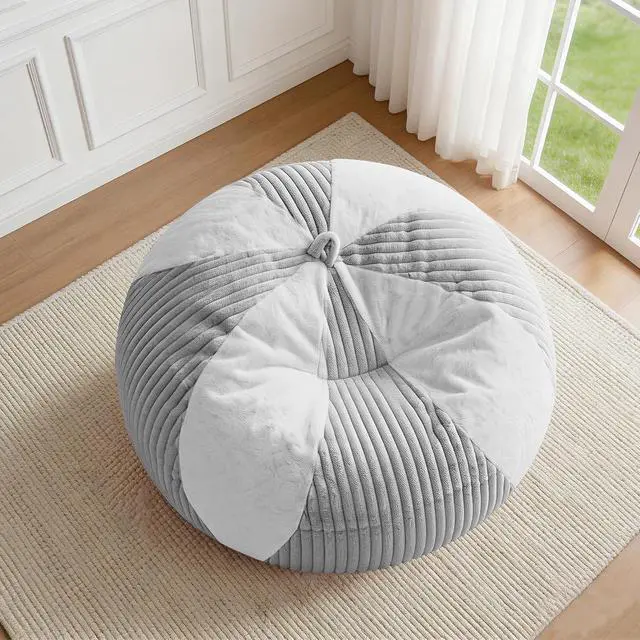Alt view image 3 of 7 - 4FT Bean Bag Chairs Teardrop Bean Bag Chairs for Adults Beanbag Chair with Memory Foam Filled Soft Plush Leaf alongside Stripe Faux Fur Washable Cover for Dorm, Bedroom(Plush LGY/WH)