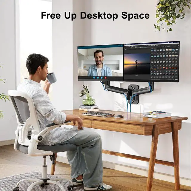 Alt view image 6 of 7 - Gaming Dual Monitor Wall Mount for 17-32 Inch Computer Screen Mount (4.4-17.6lbs Per Arm) - VESA 75x75/100x100 Height Adjustable Stand for Dual Monitors - Home Office Desk Setup