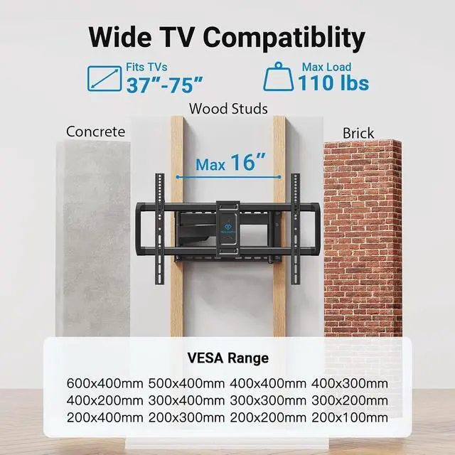 Alt view image 2 of 7 - Long Arm TV Wall Mount Full Motion for 37-75 inch TVs, Corner TV Mount Bracket with 27.36-inch Articulating Long Extension Arm, Swivel&Tilt, Max VESA 600x400mm up to 110lbs, 16" Wood Stud
