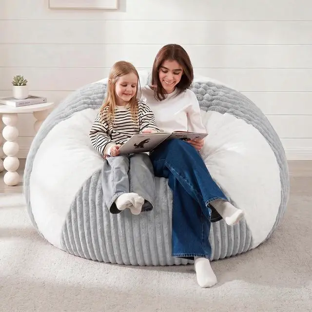 Alt view image 7 of 7 - 4FT Bean Bag Chairs Teardrop Bean Bag Chairs for Adults Beanbag Chair with Memory Foam Filled Soft Plush Leaf alongside Stripe Faux Fur Washable Cover for Dorm, Bedroom(Plush LGY/WH)