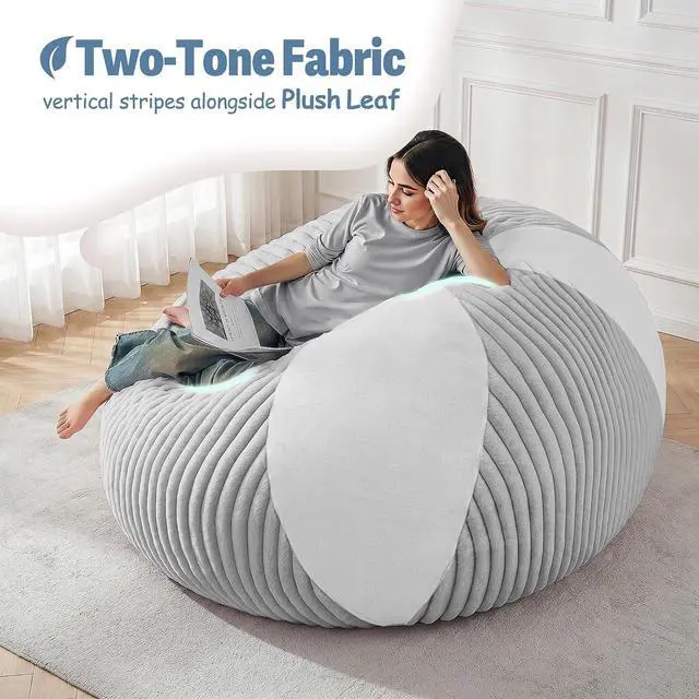 Alt view image 5 of 7 - 4FT Bean Bag Chairs Teardrop Bean Bag Chairs for Adults Beanbag Chair with Memory Foam Filled Soft Plush Leaf alongside Stripe Faux Fur Washable Cover for Dorm, Bedroom(Plush LGY/WH)