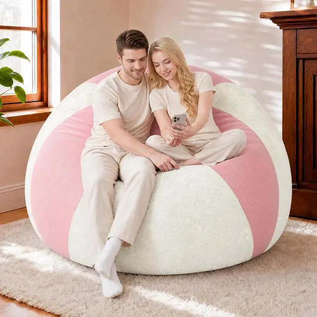 Alt view image 7 of 7 - 5FT Bean Bag Chair Teardrop Bean Bag Chairs for Adults beanbag with Memory Foam Filled, Dual-Tone Unique Combination Corduroy & Luxury Distressed Velvet Washable Cover,Corduroy Pink & White