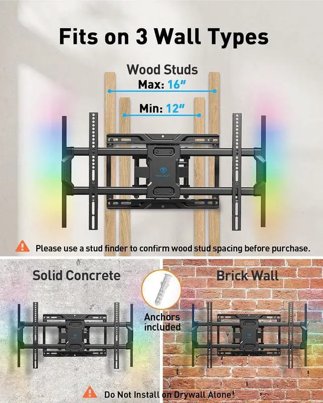 Alt view image 3 of 7 - Full Motion TV Wall Mount with LED Lights for 37-86 Inch TVs up to 132lbs, Backlit TV Mount Bracket with Music Sync, Extension Swivel Tilt level, Max VESA 600x400mm, Fits 16"/12" Wood Studs