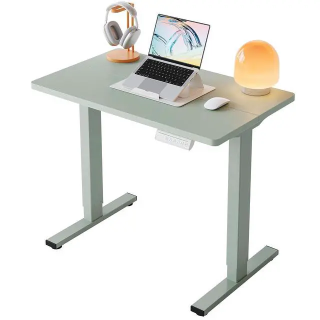 Main image of 32x19 Inch Small Electric Standing Desk, Adjustable, Sage Green | Compact Home Office Desk, 176lbs heavy duty lifting with 4 height presets. M8 screw holes ready for DIY mobile wheels