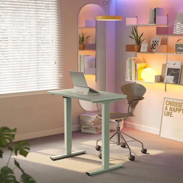 Alt view image 2 of 7 - 32x19 Inch Small Electric Standing Desk, Adjustable, Sage Green | Compact Home Office Desk, 176lbs heavy duty lifting with 4 height presets. M8 screw holes ready for DIY mobile wheels