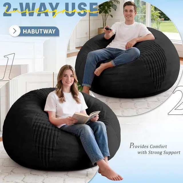 Alt view image 4 of 7 - 5FT Bean Bag Chairs Teardrop Bean Bag Chairs for Adults Beanbag Chair with Memory Foam Filled Soft Stripe Leaf alongside Plush Faux Fur Washable Cover for Dorm, Bedroom(Stripe BK)