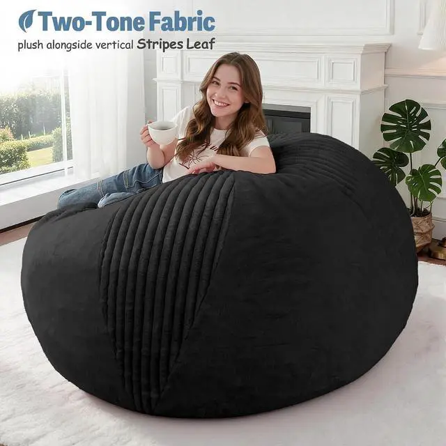 Alt view image 5 of 7 - 5FT Bean Bag Chairs Teardrop Bean Bag Chairs for Adults Beanbag Chair with Memory Foam Filled Soft Stripe Leaf alongside Plush Faux Fur Washable Cover for Dorm, Bedroom(Stripe BK)