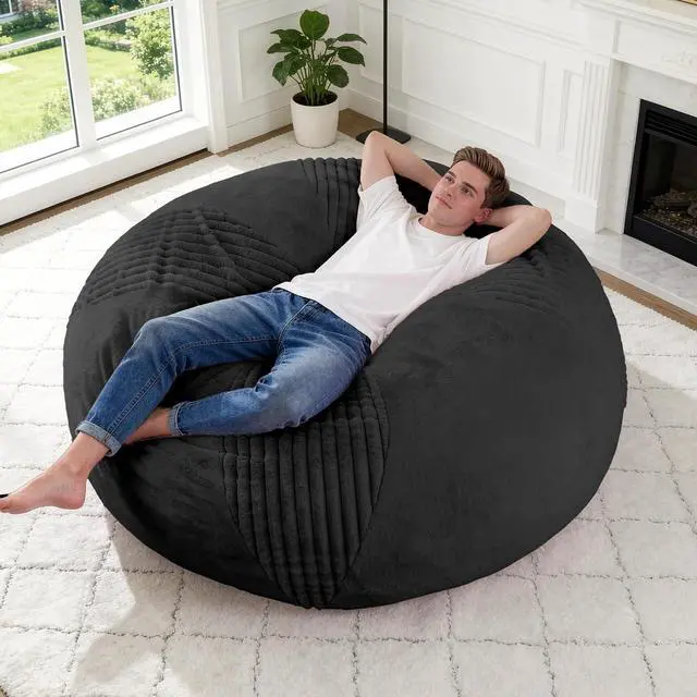 Alt view image 7 of 7 - 5FT Bean Bag Chairs Teardrop Bean Bag Chairs for Adults Beanbag Chair with Memory Foam Filled Soft Stripe Leaf alongside Plush Faux Fur Washable Cover for Dorm, Bedroom(Stripe BK)
