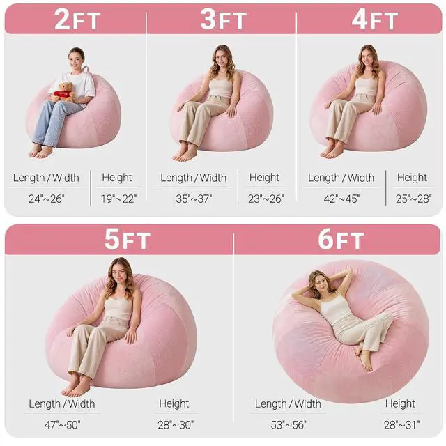 Alt view image 2 of 7 - 5FT Bean Bag Chair Teardrop Bean Bag Chairs for Adults beanbag with Memory Foam Filled with Dual-Tone Unique Combination Corduroy & Luxury Distressed Velvet Washable Cover,Corduroy Pink