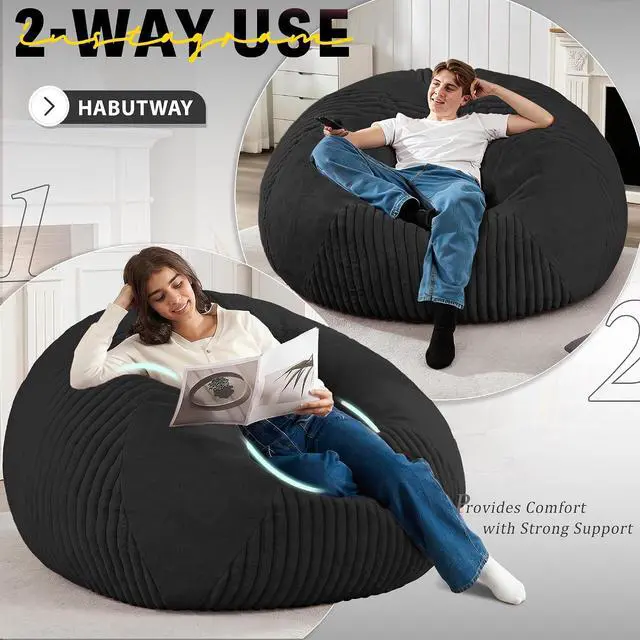 Alt view image 4 of 7 - 6FT Bean Bag Chairs Teardrop Bean Bag Chairs for Adults Beanbag Chair with Memory Foam Filled Soft Plush Leaf alongside Stripe Faux Fur Washable Cover for Dorm, Bedroom(Plush BK)