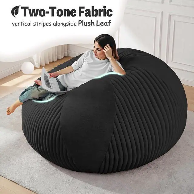 Alt view image 5 of 7 - 6FT Bean Bag Chairs Teardrop Bean Bag Chairs for Adults Beanbag Chair with Memory Foam Filled Soft Plush Leaf alongside Stripe Faux Fur Washable Cover for Dorm, Bedroom(Plush BK)