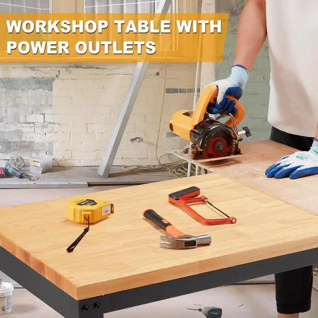 Alt view image 2 of 7 - Height Adjustable Workbench 60" 2000 Lbs Capacity Solid Wood Work Station Heavy-Duty Work Tables with Power Outlets for Garage Party Shop Office