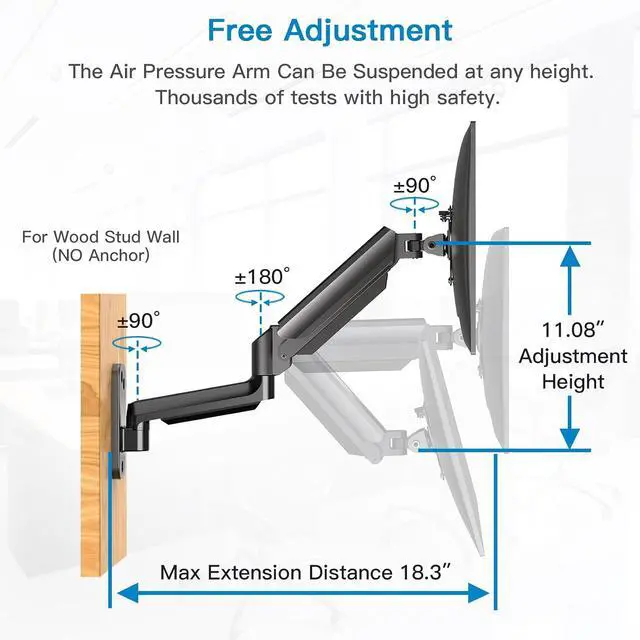 Alt view image 2 of 7 - Single Monitor Wall Mount for 13 to 32 Inch Computer Screen, Gaming Monitor Wall Mount Arm Holds up to 17.6lbs, Height Adjustable Full Motion Wall Monitor Mount-VESA Mount 75x75,100x100