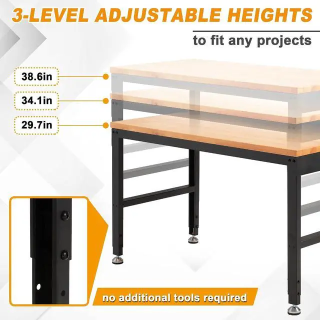 Alt view image 3 of 7 - Height Adjustable Workbench 60" 2000 Lbs Capacity Solid Wood Work Station Heavy-Duty Work Tables with Power Outlets for Garage Party Shop Office
