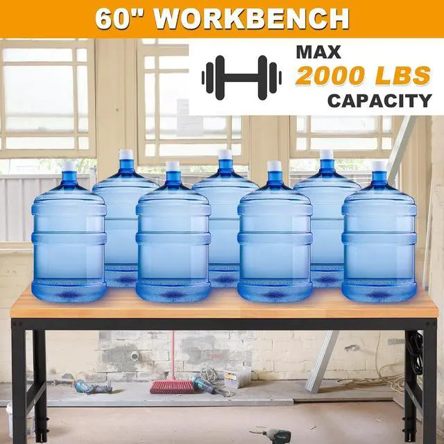 Alt view image 4 of 7 - Height Adjustable Workbench 60" 2000 Lbs Capacity Solid Wood Work Station Heavy-Duty Work Tables with Power Outlets for Garage Party Shop Office