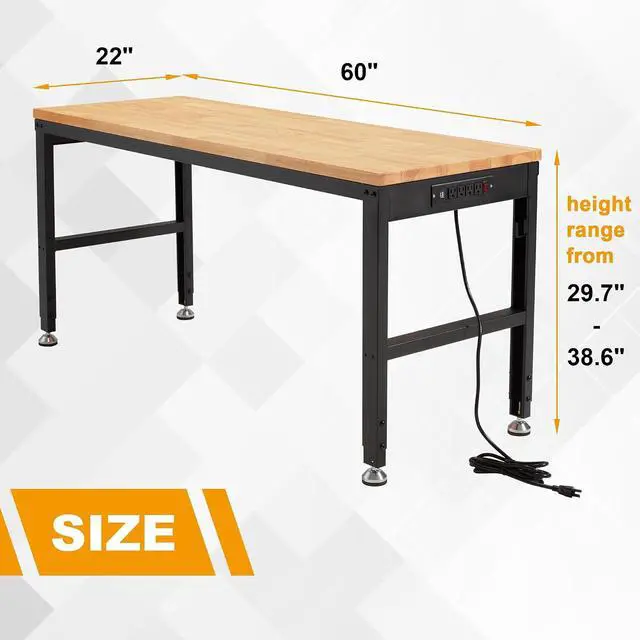 Alt view image 5 of 7 - Height Adjustable Workbench 60" 2000 Lbs Capacity Solid Wood Work Station Heavy-Duty Work Tables with Power Outlets for Garage Party Shop Office