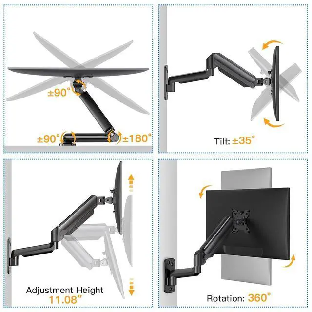 Alt view image 4 of 7 - Single Monitor Wall Mount for 13 to 32 Inch Computer Screen, Gaming Monitor Wall Mount Arm Holds up to 17.6lbs, Height Adjustable Full Motion Wall Monitor Mount-VESA Mount 75x75,100x100