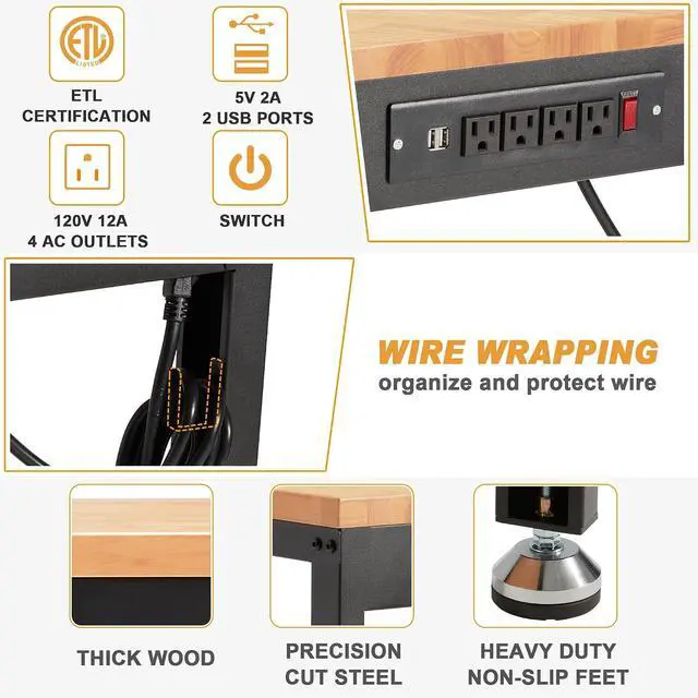 Alt view image 6 of 7 - Height Adjustable Workbench 60" 2000 Lbs Capacity Solid Wood Work Station Heavy-Duty Work Tables with Power Outlets for Garage Party Shop Office
